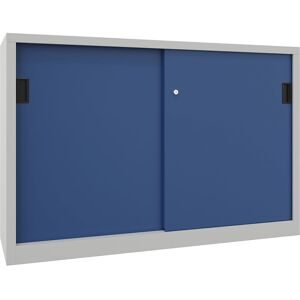 Schiebetürenschrank, Höhe 1000 mm, Vollblechtüren, BxT 1500 x 600 mm, mit Trennwand und 2 x 2 Fachböden, Tür enzianblau Pavoy