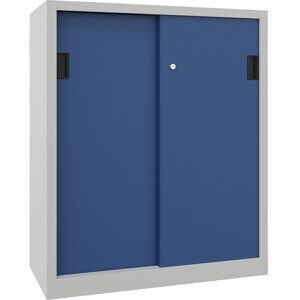 Schiebetürenschrank, Höhe 1200 mm, Vollblechtüren, BxT 1000 x 400 mm, mit 2 Fachböden, Tür enzianblau Pavoy