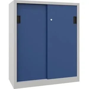 Schiebetürenschrank, Höhe 1200 mm, Vollblechtüren, BxT 1000 x 500 mm, mit 2 Fachböden, Tür enzianblau Pavoy