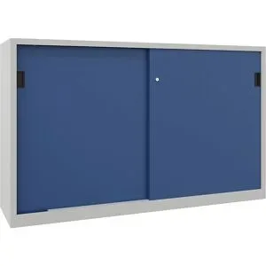 Schiebetürenschrank, Höhe 1200 mm, Vollblechtüren, BxT 2000 x 600 mm, mit Trennwand und 2 x 2 Fachböden, Tür enzianblau Pavoy