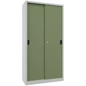 Schiebetürenschrank, Höhe 1950 mm, Vollblechtüren, BxT 1000 x 400 mm, mit 4 Fachböden, Tür resedagrün Pavoy