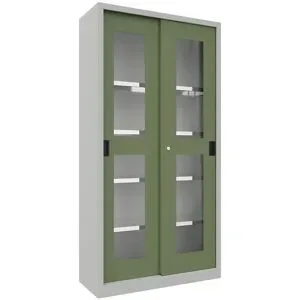 Schiebetürenschrank, Höhe 1950 mm, Sichtfenstertüren, BxT 1000 x 400 mm, mit 4 Fachböden, Tür resedagrün Pavoy