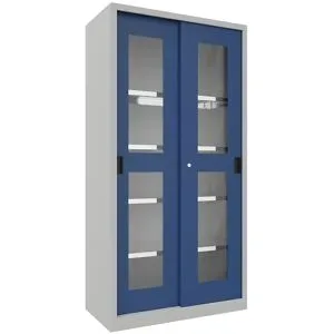 Schiebetürenschrank, Höhe 1950 mm, Sichtfenstertüren, BxT 1000 x 500 mm, mit 4 Fachböden, Tür enzianblau Pavoy