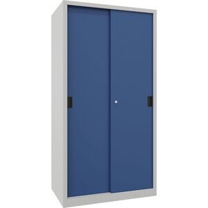 Schiebetürenschrank, Höhe 1950 mm, Vollblechtüren, BxT 1000 x 600 mm, mit 4 Fachböden, Tür enzianblau Pavoy