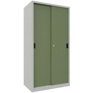 Schiebetürenschrank, Höhe 1950 mm, Vollblechtüren, BxT 1000 x 600 mm, mit 4 Fachböden, Tür resedagrün Pavoy