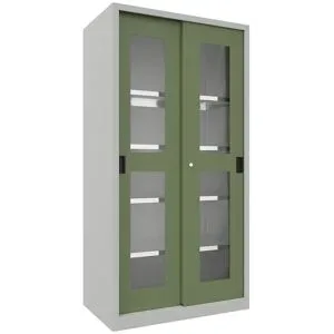 Schiebetürenschrank, Höhe 1950 mm, Sichtfenstertüren, BxT 1000 x 600 mm, mit 4 Fachböden, Tür resedagrün Pavoy