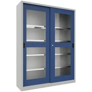 Schiebetürenschrank, Höhe 1950 mm, Sichtfenstertüren, BxT 1500 x 400 mm, mit Trennwand und 2 x 4 Fachböden, Tür enzianblau Pavoy