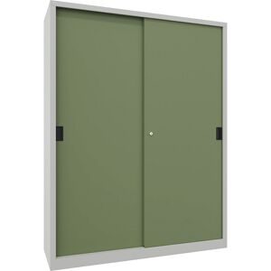 Schiebetürenschrank, Höhe 1950 mm, Vollblechtüren, BxT 1500 x 500 mm, mit Trennwand und 2 x 4 Fachböden, Tür resedagrün Pavoy