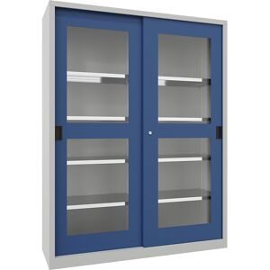 Schiebetürenschrank, Höhe 1950 mm, Sichtfenstertüren, BxT 1500 x 500 mm, mit Trennwand und 2 x 4 Fachböden, Tür enzianblau Pavoy