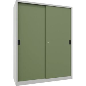 Schiebetürenschrank, Höhe 1950 mm, Vollblechtüren, BxT 1500 x 600 mm, mit Trennwand und 2 x 4 Fachböden, Tür resedagrün Pavoy