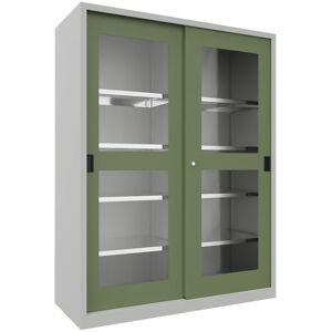 Schiebetürenschrank, Höhe 1950 mm, Sichtfenstertüren, BxT 1500 x 600 mm, mit Trennwand und 2 x 4 Fachböden, Tür resedagrün Pavoy