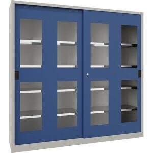 Schiebetürenschrank, Höhe 1950 mm, Sichtfenstertüren, BxT 2000 x 400 mm, mit Trennwand und 2 x 4 Fachböden, Tür enzianblau Pavoy