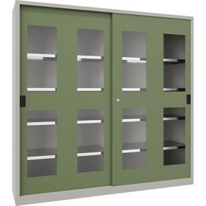 Schiebetürenschrank, Höhe 1950 mm, Sichtfenstertüren, BxT 2000 x 400 mm, mit Trennwand und 2 x 4 Fachböden, Tür resedagrün Pavoy