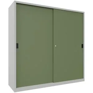 Schiebetürenschrank, Höhe 1950 mm, Vollblechtüren, BxT 2000 x 600 mm, mit Trennwand und 2 x 4 Fachböden, Tür resedagrün Pavoy