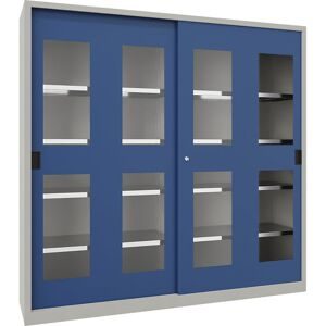 Schiebetürenschrank, Höhe 1950 mm, Sichtfenstertüren, BxT 2000 x 600 mm, mit Trennwand und 2 x 4 Fachböden, Tür enzianblau Pavoy