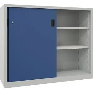 Schwerlast-Schiebetürenschrank, Höhe 1200 mm, Vollblechtüren, BxT 1500 x 600 mm, mit Trennwand und 2 x 2 Fachböden, Tür enzianblau Pavoy