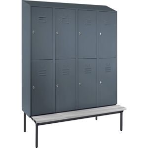 Doppelstock-Spind Berlin 2 Sitzbank, 4 Abteile, blaugrau, Breite 1600 mm, schräge Dachform Wolf