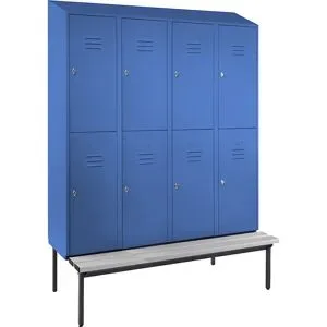 Doppelstock-Spind Berlin 2 Sitzbank, 4 Abteile, lichtblau, Breite 1600 mm, schräge Dachform Wolf