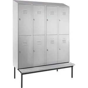 Doppelstock-Spind Berlin 2 Sitzbank, 4 Abteile, lichtgrau, Breite 1600 mm, schräge Dachform Wolf