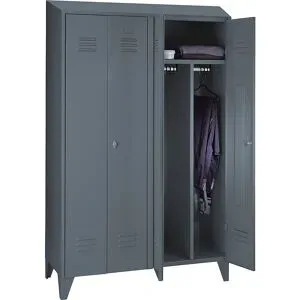Schwarz-Weiß-Spind Berlin 2, Trennwand mittig, 2 Abteile, blaugrau, Breite 1200 mm, schräge Dachform Wolf