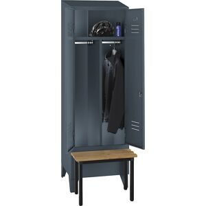 Schwarz-Weiß-Spind Berlin 2 mit Sitzbank, Trennwand mittig, 1 Abteil, blaugrau, B 600 mm, vorgebaut, Buchenholz, Schrägdach Wolf