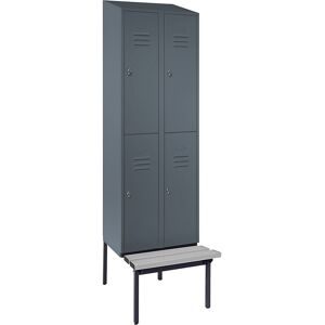 Doppelstock-Spind Berlin 2 Sitzbank, 2 Abteile, blaugrau, Breite 600 mm, schräge Dachform Wolf
