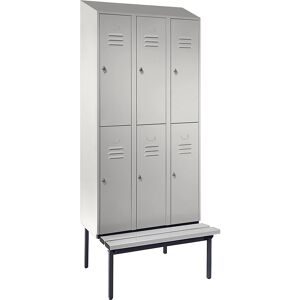 Doppelstock-Spind Berlin 2 Sitzbank, 3 Abteile, lichtgrau, Breite 900 mm, schräge Dachform Wolf