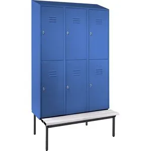 Doppelstock-Spind Berlin 2 Sitzbank, 3 Abteile, lichtblau, Breite 1200 mm, schräge Dachform Wolf