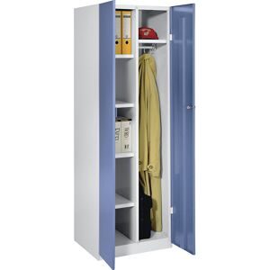 Putzmittelspind Frankfurt, 4 Fachböden, 1 Kleiderstange, B 600 mm, Türen taubenblau Wolf