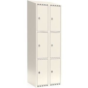 kaiserkraft 3er-Schließfachschrank Fydor, 2 Abteile, weiß, B 600 mm, schräge Dachform, Vorhängeschloss