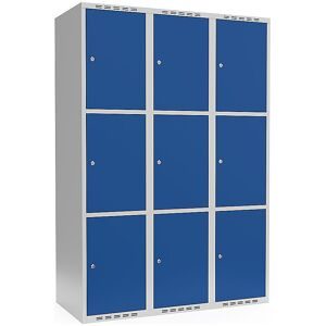 kaiserkraft 3er-Schließfachschrank Fydor, 3 Abteile, lichtgrau / enzianblau, B 1200 mm, flache Dachform, Zylinderschloss