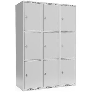 kaiserkraft 3er-Schließfachschrank Fydor, 3 Abteile, lichtgrau, B 1200 mm, flache Dachform, Vorhängeschloss