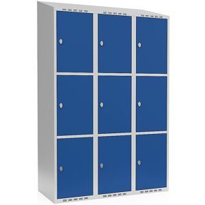 kaiserkraft 3er-Schließfachschrank Fydor, 3 Abteile, lichtgrau / enzianblau, B 1200 mm, schräge Dachform, Vorhängeschloss