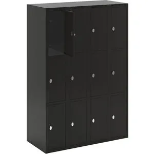kaiserkraft 3er-Schließfachschrank Fydor, 4 Abteile, schwarz, B 1200 mm, flache Dachform, Vorhängeschloss