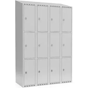 kaiserkraft 3er-Schließfachschrank Fydor, 4 Abteile, lichtgrau, B 1200 mm, schräge Dachform, Vorhängeschloss