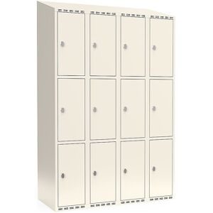 kaiserkraft 3er-Schließfachschrank Fydor, 4 Abteile, weiß, B 1200 mm, schräge Dachform, Vorhängeschloss