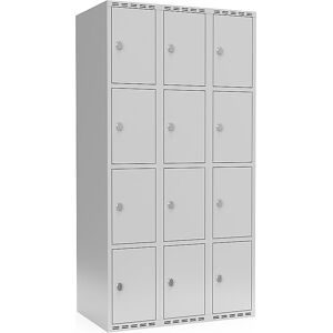 kaiserkraft 4er-Schließfachschrank Fydor, 3 Abteile, lichtgrau, B 900 mm, flache Dachform, Vorhängeschloss