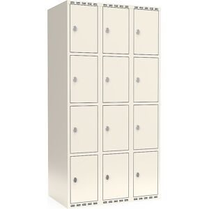 kaiserkraft 4er-Schließfachschrank Fydor, 3 Abteile, weiß, B 900 mm, flache Dachform, Vorhängeschloss