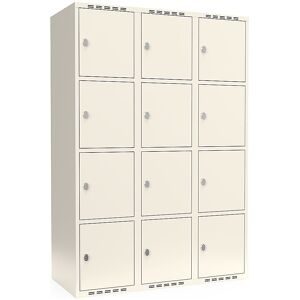 kaiserkraft 4er-Schließfachschrank Fydor, 3 Abteile, weiß, B 1200 mm, flache Dachform, Vorhängeschloss