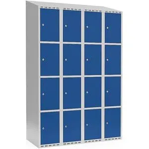 kaiserkraft 4er-Schließfachschrank Fydor, 4 Abteile, lichtgrau / enzianblau, B 1200 mm, schräge Dachform, Zylinderschloss