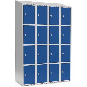kaiserkraft 4er-Schließfachschrank Fydor, 4 Abteile, lichtgrau / enzianblau, B 1200 mm, schräge Dachform, Vorhängeschloss