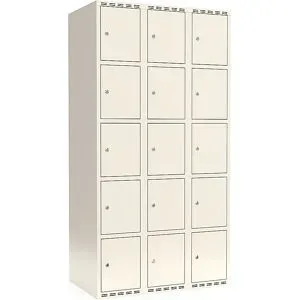 kaiserkraft 5er-Schließfachschrank Fydor, 3 Abteile, weiß, B 900 mm, flache Dachform, Zylinderschloss