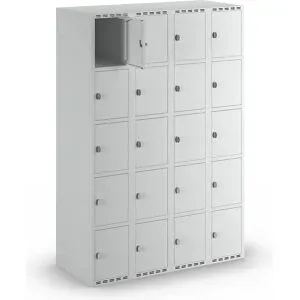 kaiserkraft 5er-Schließfachschrank Fydor, 4 Abteile, lichtgrau, B 1200 mm, flache Dachform, Vorhängeschloss