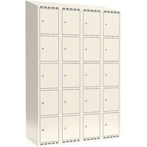 kaiserkraft 5er-Schließfachschrank Fydor, 4 Abteile, weiß, B 1200 mm, schräge Dachform, Zylinderschloss