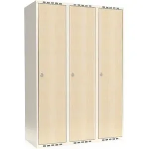 kaiserkraft Spind Fydor, HPL, 3 Abteile, weiß/Birke, B 1200 mm, flache Dachform, Vorhängeschloss