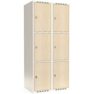 kaiserkraft 3er-Schließfachschrank Fydor, HPL, 2 Abteile, weiß/Birke, B 800 mm, flache Dachform, Vorhängeschloss