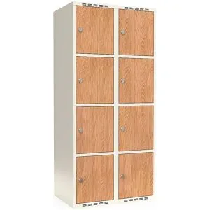 kaiserkraft 4er-Schließfachschrank Fydor, HPL, 2 Abteile, weiß/Eiche, B 800 mm, flache Dachform, Vorhängeschloss