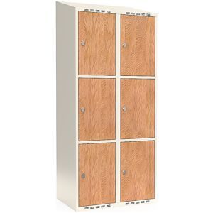 kaiserkraft 3er-Schließfachschrank Fydor, HPL, 2 Abteile, weiß/Eiche, B 800 mm, schräge Dachform, Vorhängeschloss