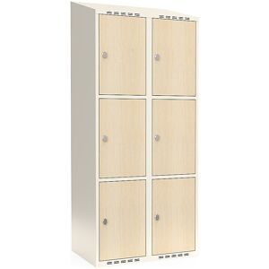 kaiserkraft 3er-Schließfachschrank Fydor, HPL, 2 Abteile, weiß/Birke, B 800 mm, schräge Dachform, Vorhängeschloss