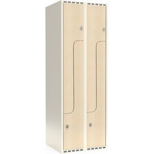 kaiserkraft Z-Spind Fydor, HPL, 2 Abteile, weiß/Birke, B 600 mm, flache Dachform, Vorhängeschloss